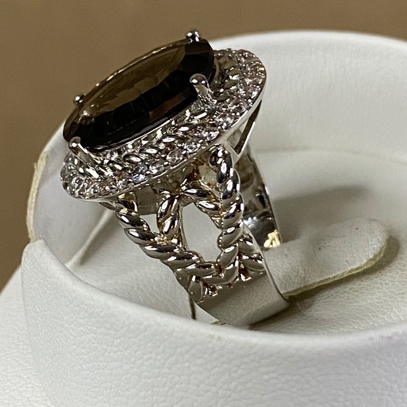 Smoky Quartz Sterling Silver Ring w/ White Zircon Halo Statement‎ Cocktail Sz 9 - Picture 3 of 7